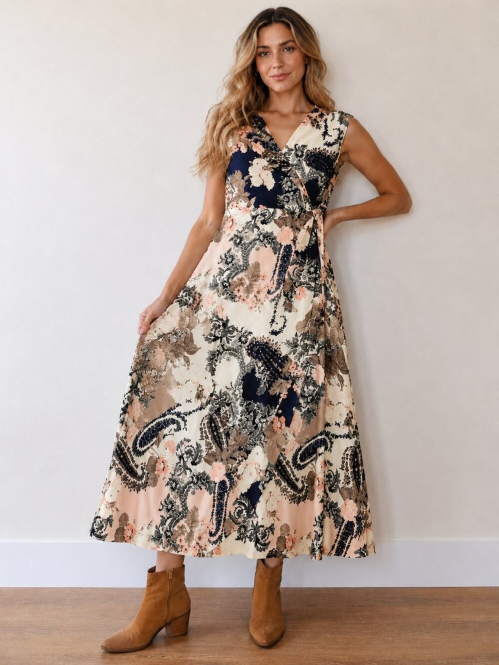 Le Lis M Floral Paisley Faux Wrap Maxi Dress Pink Navy Made in USA